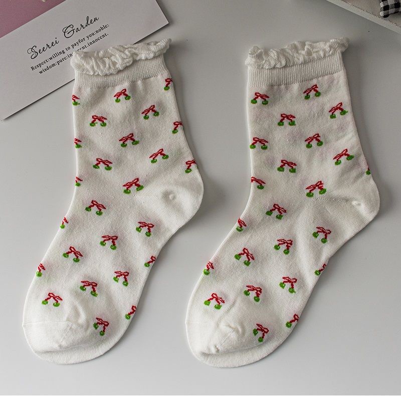 Picture of White Bubble Socks for Women, Mid-Calf Lolita Lace Long Socks, Student Socks, Strawberry Casual Versatile Socks