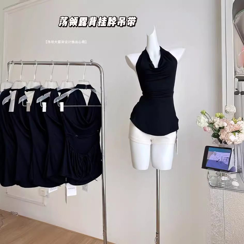 2024 Collar Backless Halter Camisole Vest Women's Spice Girls Pure Want Black Sexy Elegant Top