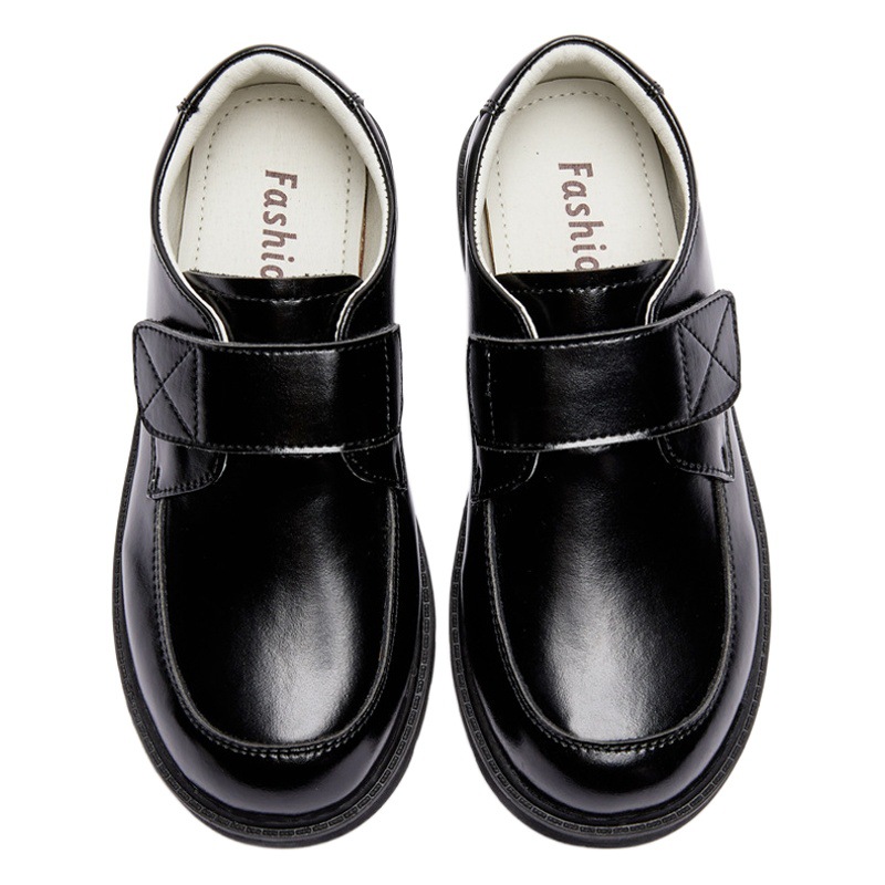 2024 Spring and Autumn Boys' Leather Shoes Black Cowhide 3-16 Years Old Student Campus Performance Children's Shoes Velcro Design