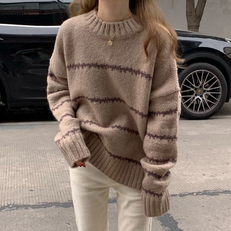 Vintage Japanese Style Laid-back Loose Sweater Women's Thickened Autumn and Winter 2024 New Long-sleeved Striped Mock Collar Sweater