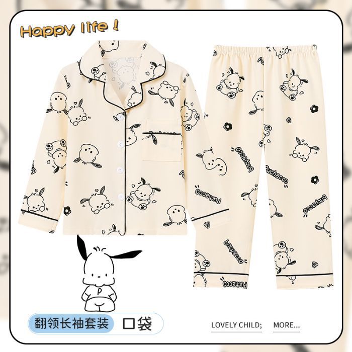 Picture of Children's Pajamas Spring and Autumn Cute Cartoon Boys and Girls Lapel Cardigan Long Sleeve Trousers Children's Home Clothes