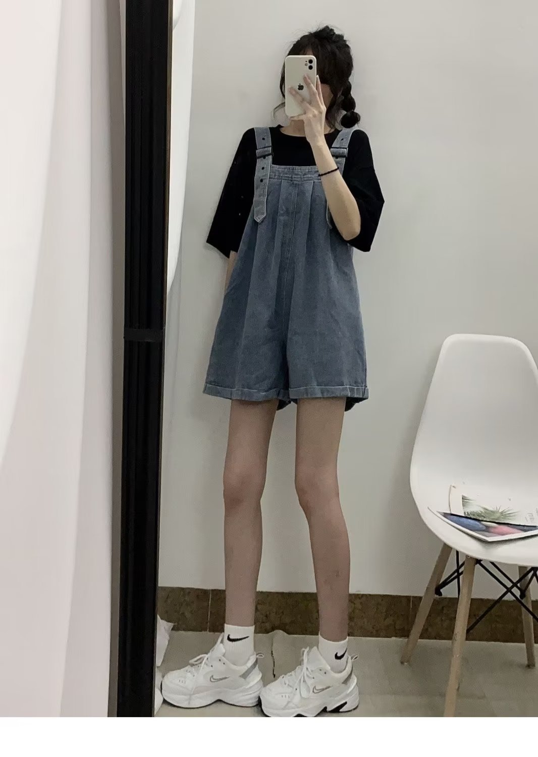 Denim suspender pants women's summer thin small salt style niche design loose retro casual wide leg shorts