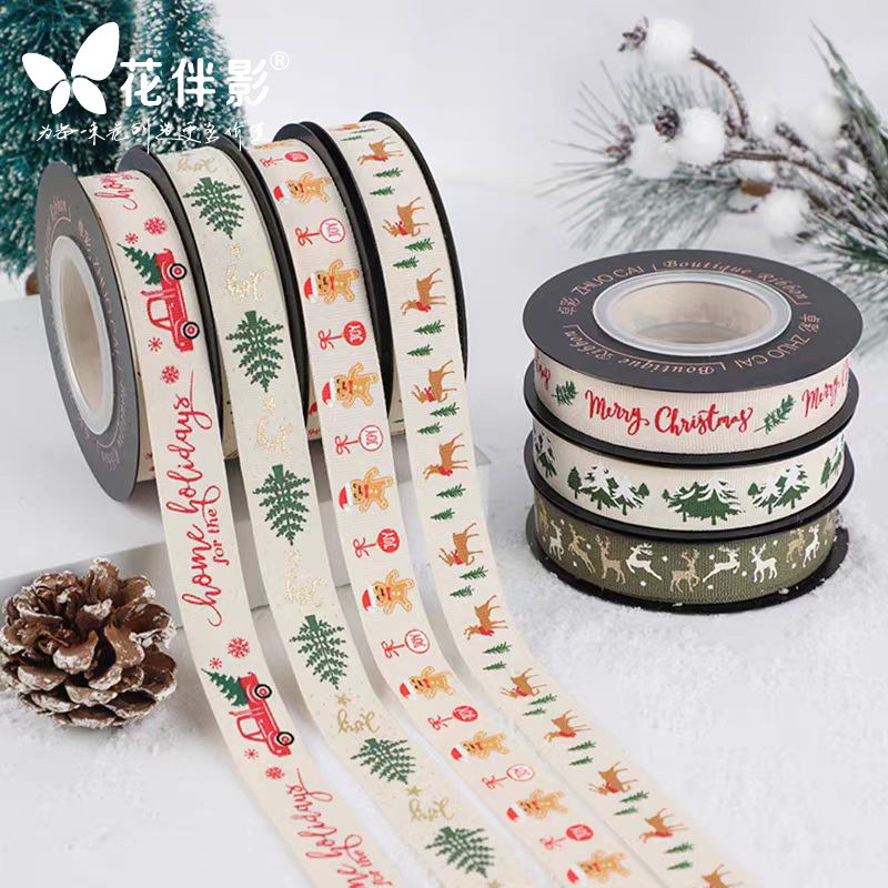 Flower Companion Shadow Christmas Polyester Cotton Belt New Christmas Tree Elk Ribbon Holiday Decoration DIY Handmade Bow Ribbon