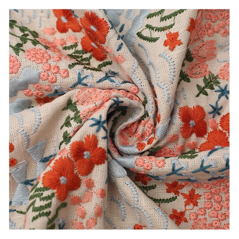 Factory supply handmade ins Wind Yukou Mei Zi flower sea embroidery fabric bamboo cotton linen DIY handmade bag fabric