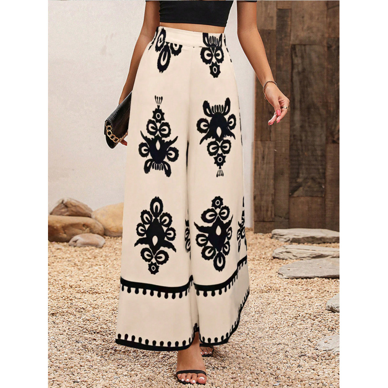 Picture of European and American Amazon Cross-border Foreign Trade Summer New Chiffon Leaf Printed Casual Pants Temperament High Waist Wide Leg Pants for Women