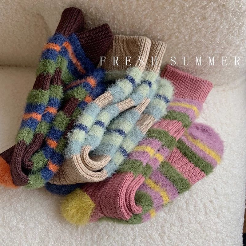Winter Thickeneded Colorful Horizontal Pattern Colorful-Blocked Plush Socks Imitation Mink Outer Wear Warm Mid-Calf Socks Women's Home Stockings Wholesale