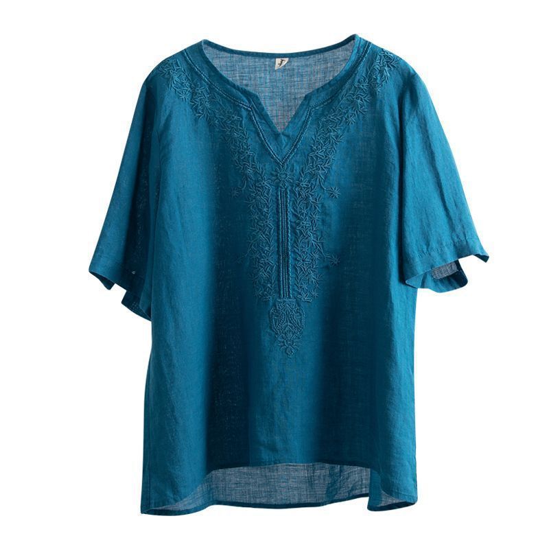 Picture of Pure Cotton V-Neck Summer New Cotton and Linen Shirt Women's Literary Loose Pullover Embroidered Short-Sleeved T-Shirt Women's Embroidered Top Trendy