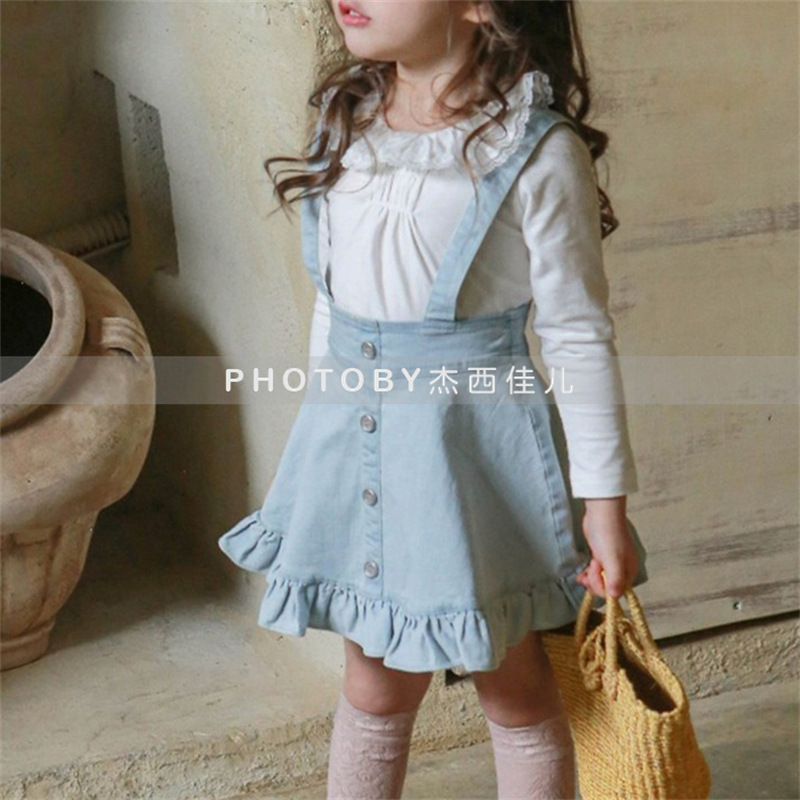 Ins Korean Style Spring and Summer dress Girls Baby Wash Cotton Soft Ruffled Soft Denim Strap dress