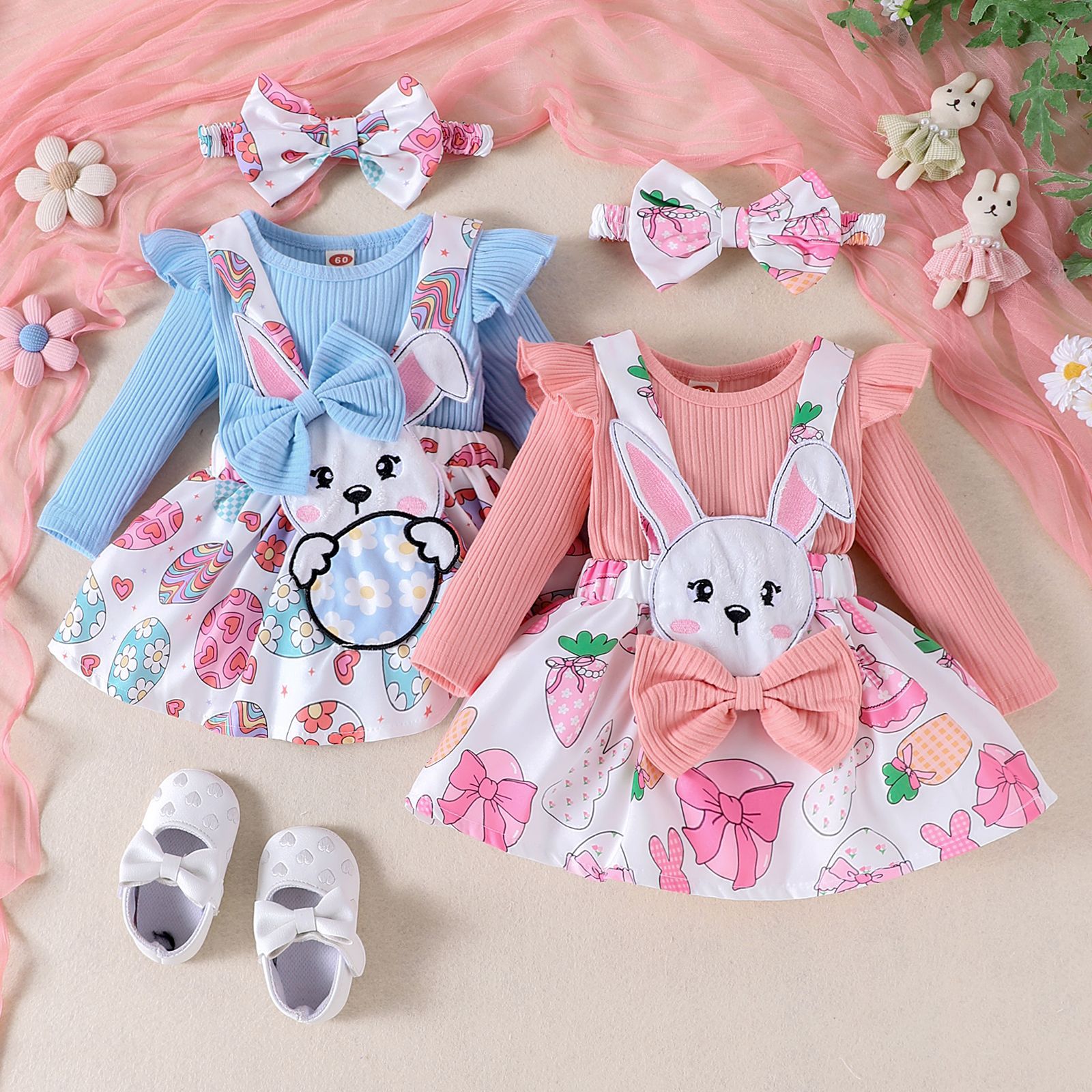 Cross-border European and American Girls Long-sleeved Pit-stripped Hattie Bunny Doll Strap Dress Cute suit