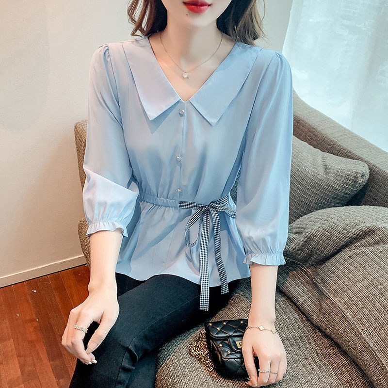 Picture of Baby Doll Collar Chiffon Women's Spring 2023 Petite Lace-Up Waist-Cinching Slimming Belly-Covering Shirt with Three-Quarter Sleeves Versatile Top