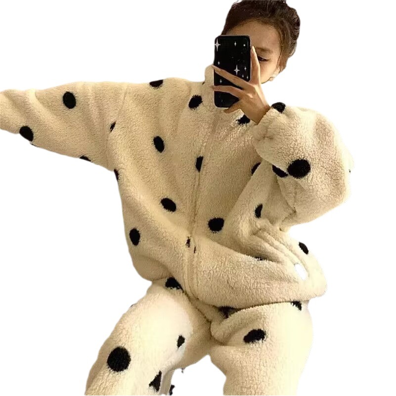 Women's velvet pajamas winter Korean style ins style polka dot zipper cardigan long sleeve trousers warm homewear suit