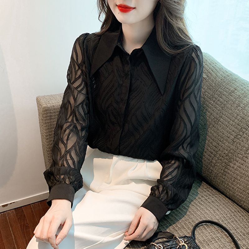Picture of Black Chiffon Shirt for Women, Spring and Autumn 2024, Polo Collar, Niche Retro French Long-Sleeve Top, Chanel Style