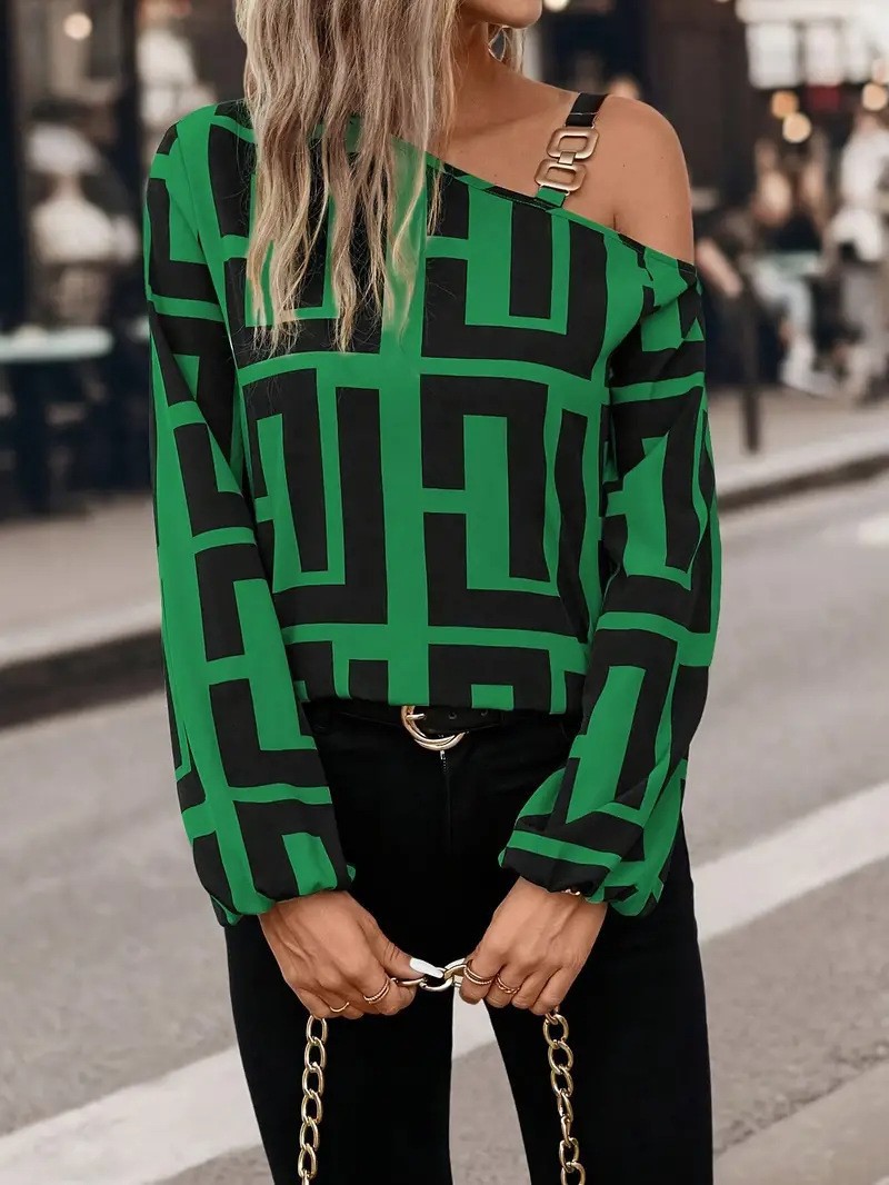 Picture of Cross-border Foreign Trade European and American Women's Clothing Amazon Spring and Autumn Fashion Geometric Printing All-match Long Sleeve One-word Collar Pullover Top