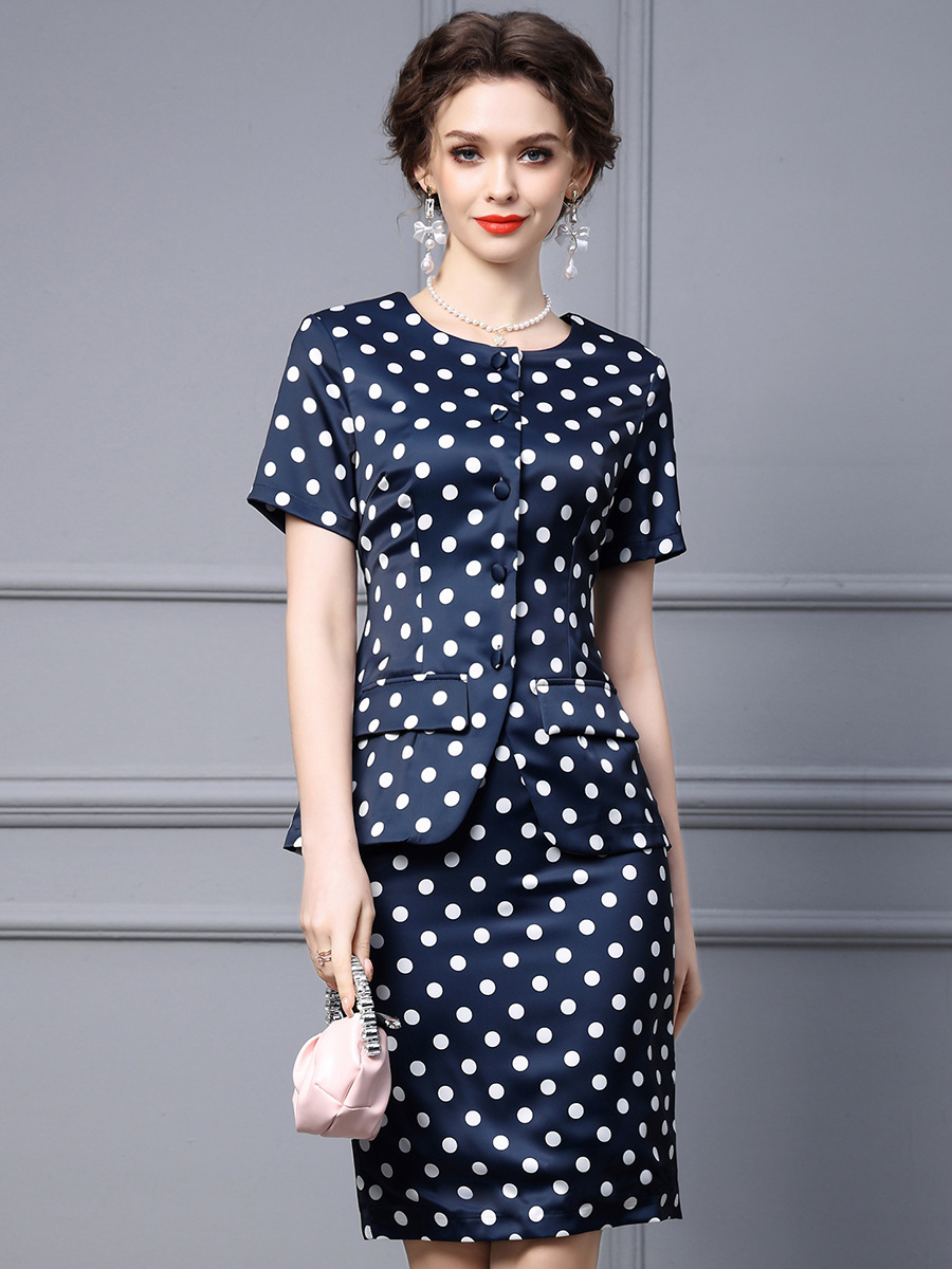 Picture of Zhili 2025 New Summer Suit for Women, Fashionable and Gentle Style, Polka Dot Round Neck, Short Suit, Hip-Covering Skirt, Two-Piece Set