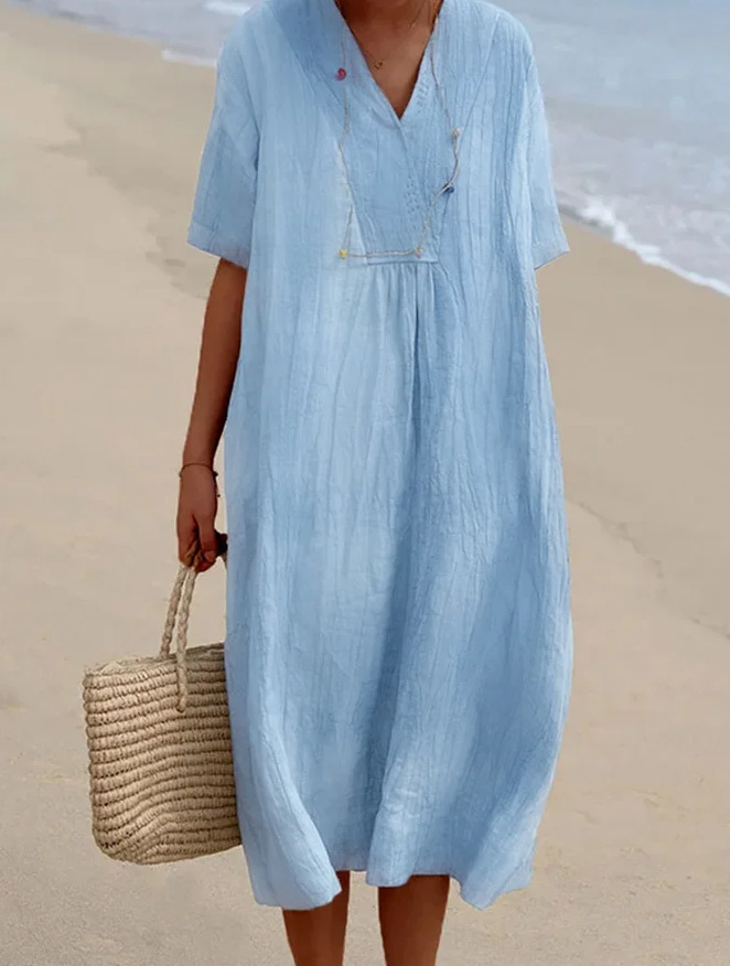in stock 4045# Women's Solid Color Cotton and Linen dress
