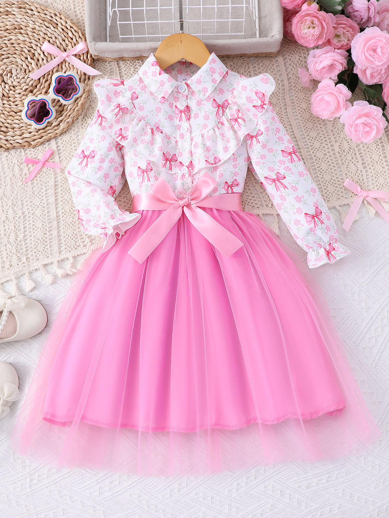Picture of New Style Long-Sleeved Lapel Floral Print Mesh Dress for Girls and Older Children with Woven Belt