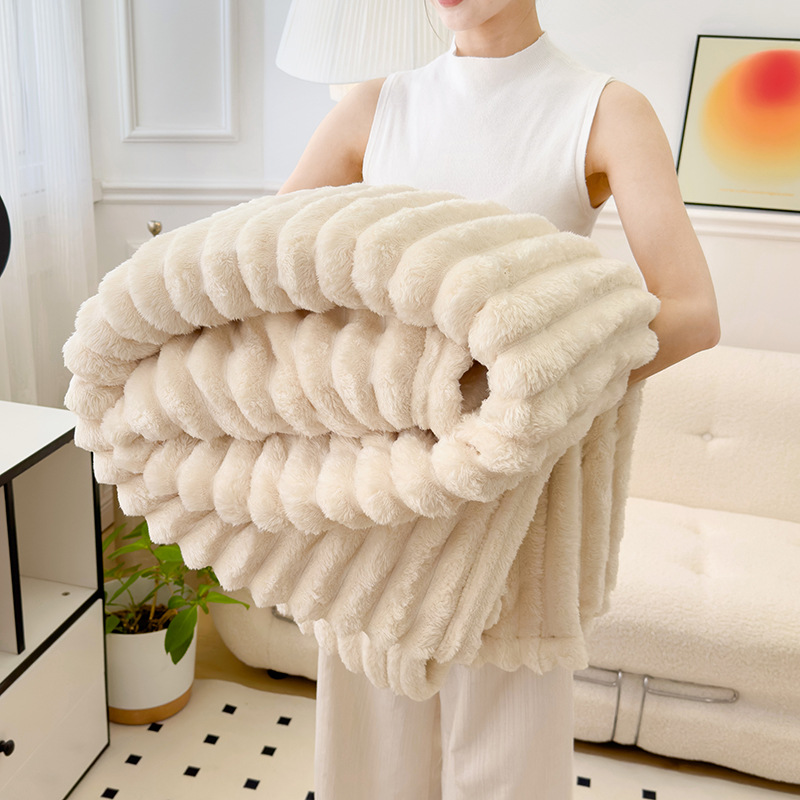 Foreign Trade Cross-border Blanket 4cm Large Strip Blanket Imitation Rabbit Fur Blanket Flannel Dormitory Single and Double Bed Sheets