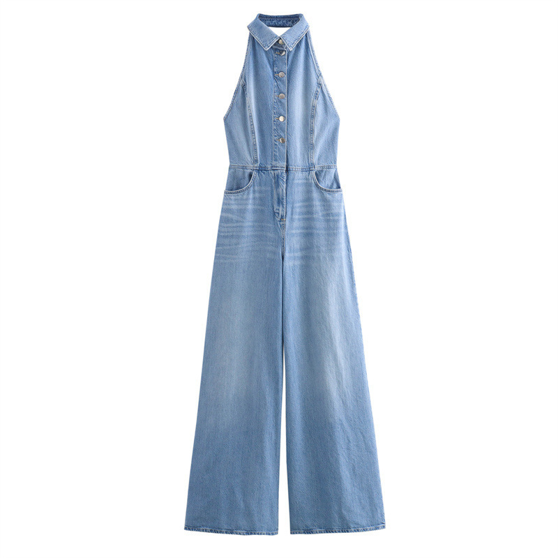 SAW AliExpress Independent Station Women's Wear European and American Style Sexy Leaky Back and Neck Long Denim Jumpsuit 6147125