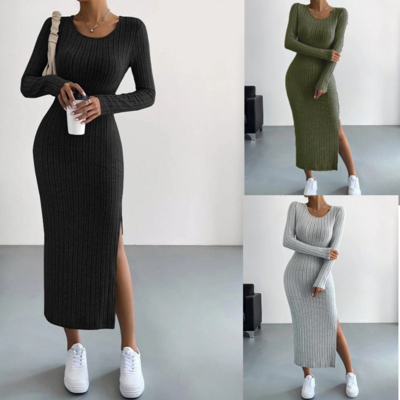 Europe and the United States explosions cross-border Amazon 2023 autumn and winter new long sleeve round neck split knit long dress women's clothing