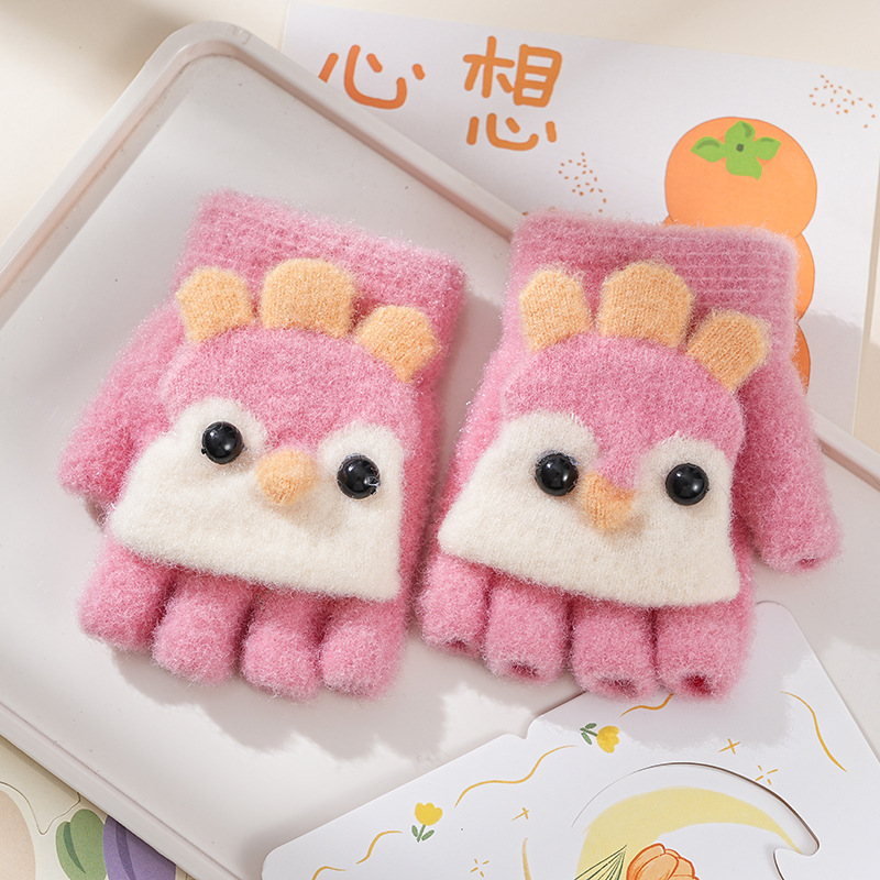 Picture of Children's flip gloves autumn and winter boys half finger warm cute Primary School students writing knitted dual-purpose gloves wholesale