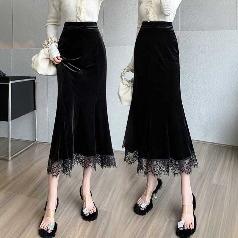 Golden Velvet Skirt Women's Autumn 2024 New Korean Style Draped Hip Skirt High Waist Slimming Lace Fishtail Skirt