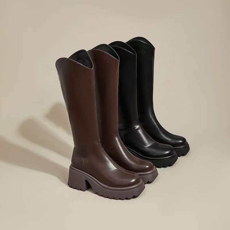 French-Style Solid Color Back-Zip Long Boots for Women, 2025 Autumn and Winter New Fashion Retro High Boots with Thick Soles and Height-Increasing Riding Boots