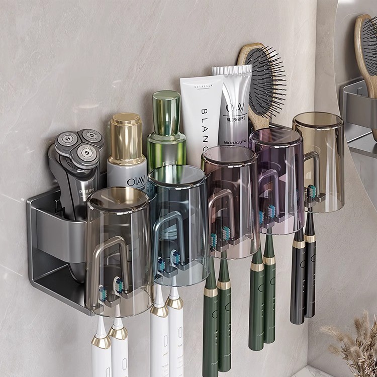 Picture of Toothbrush Storage Rack Non-Punch Brush Cup Mouthwash Cup Rack Wall-Mounted Bathroom Household Toothware Hanger