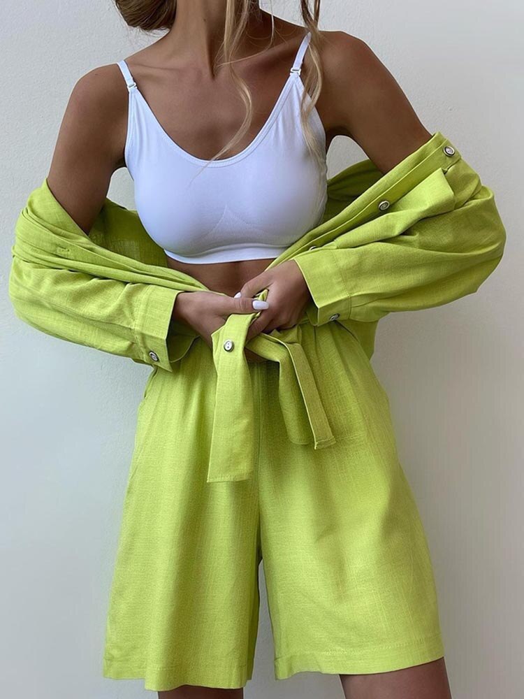 Picture of Casual plus size Long-sleeved Single-breasted Shirt Shorts Two-piece Set Elegant Spring and Autumn Loose Fashionable Solid Color Sports suit