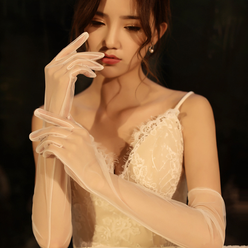 Picture of 55cm Long 70cm DIY Sheer Plain Bridal Wedding Dress Gloves Sexy Black and White Wine Red Mesh Wedding