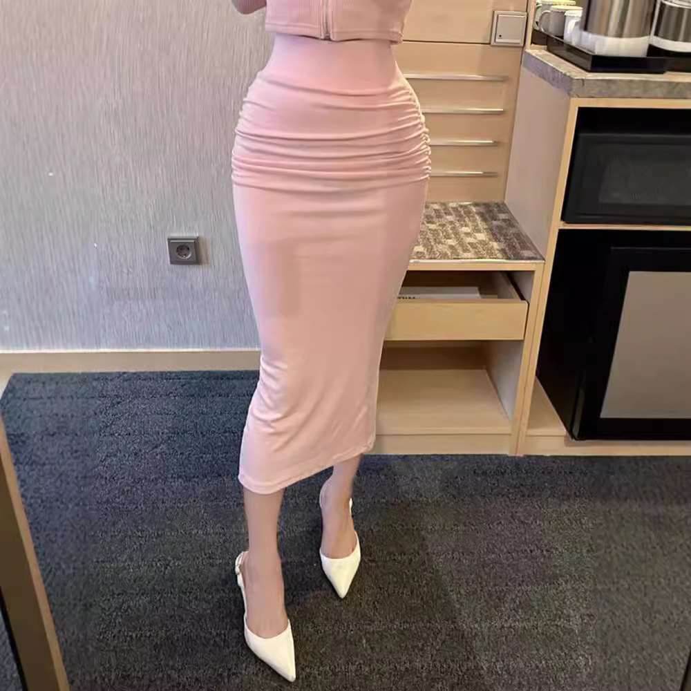 South Korea Dongdaemun New Temperament Tight High Waist Pleated Figure Split Threaded Hip Half-length Skirt