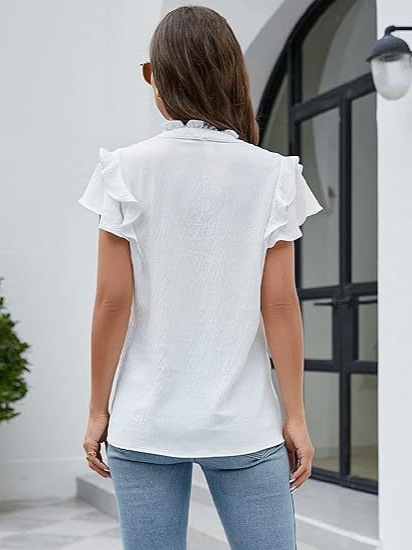 Picture of Women's Fashion Casual Top Pleated Short Sleeve V-Neck Shirt Elegant Business Work Shirt