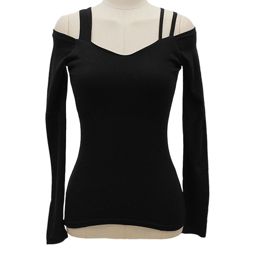 Women's 2025 New Trendy Black Tight Base Shirt V-neck Sexy Shoulder Top Short-sleeved Women's Trendy T-shirt