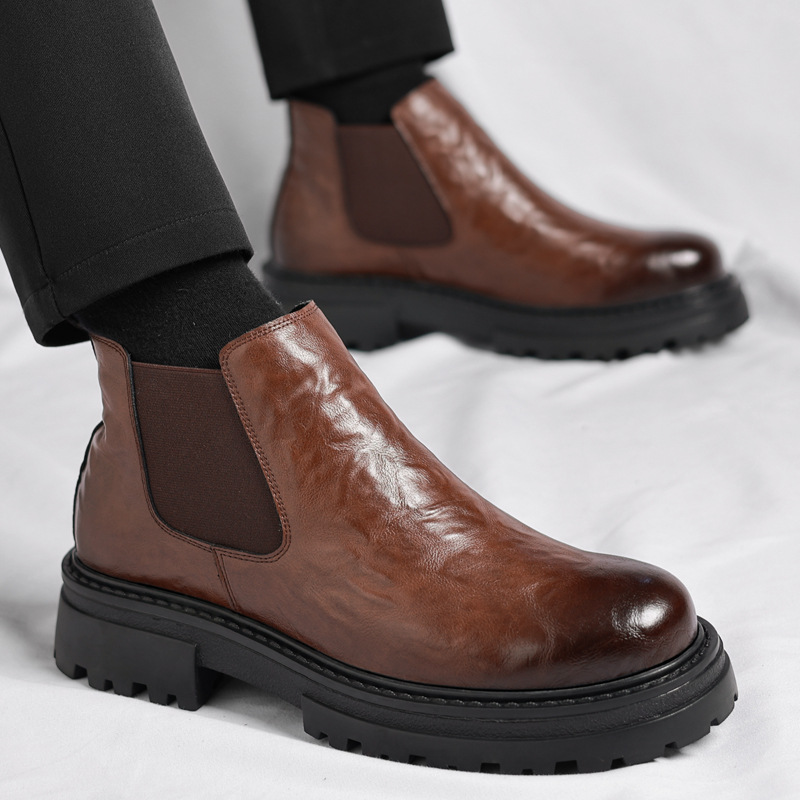 2024 autumn and winter low hand grip pattern in Chelsea boots British wind men's shoes fleece-lined padded boots a generation of hair