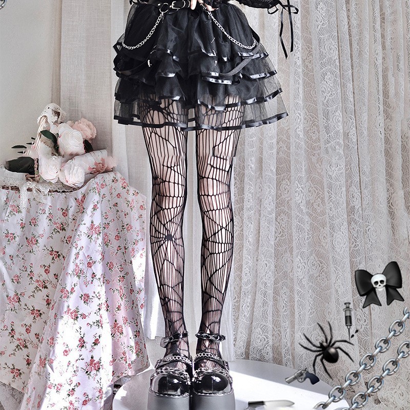 Cyber Celebrity Skull and Crossbones Grid Silk Stockings Didi Bounty for Students Sexy Black Silk Hollow All-Match Ins Bottoming Pantyhose