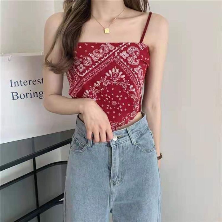 Retro Beautiful Back Bellyband Style Cashew Flower Sling Design Knitted Outer Vest Women's Summer Short Inner Top