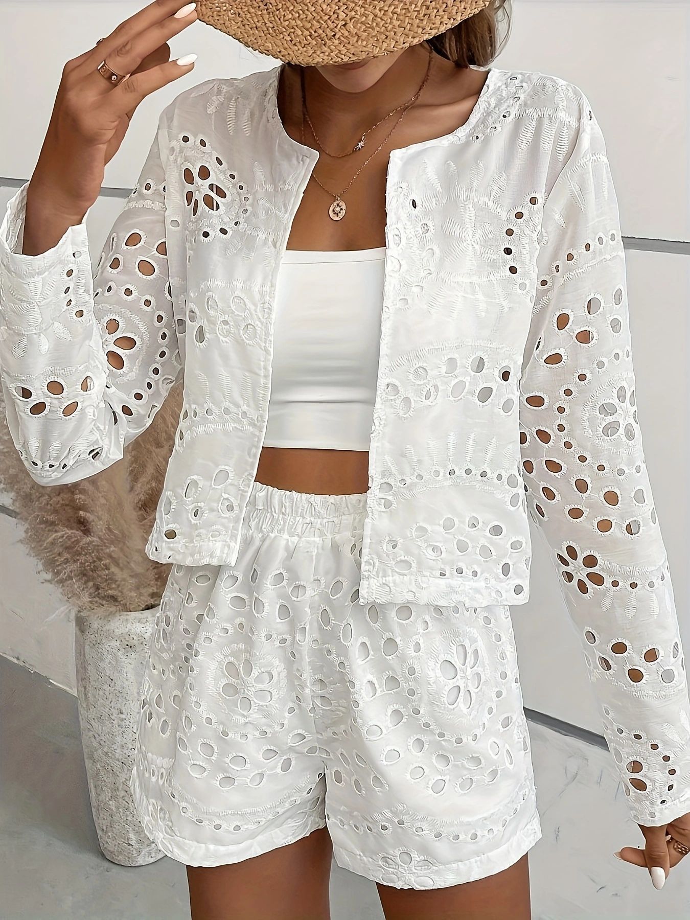 2025 Cross-border New Ladies Solid Color Hollow-out Elegant suit Top Pants