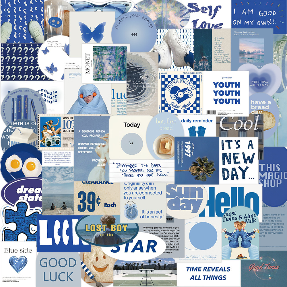 57 pieces of blue INS style graffiti stickers decorative guitar luggage DIY creative waterproof stickers hot sale wholesale