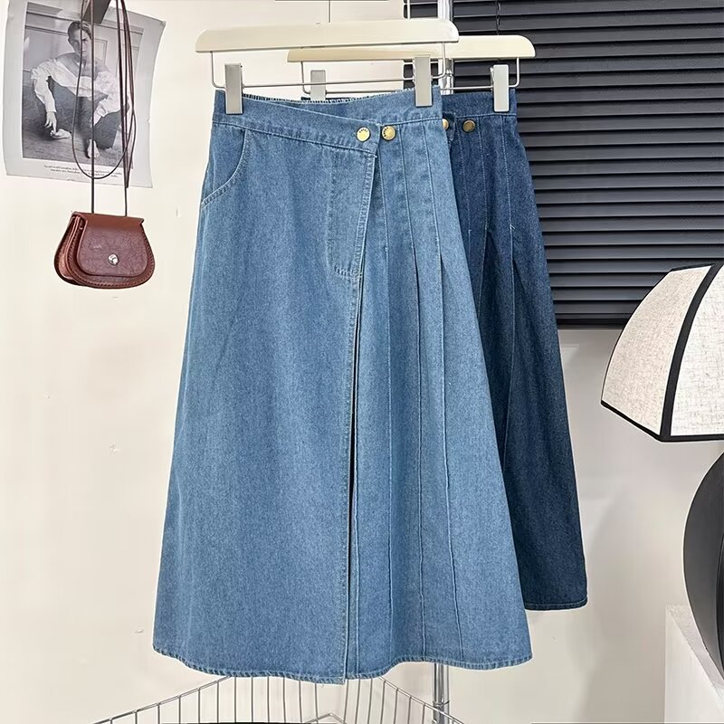 Asymmetric Pleated High Waist Denim Skirt Women's Spring and Summer 2024 New Hip Covering Slimming Umbrella Skirt Large Swing Mid-Length Skirt