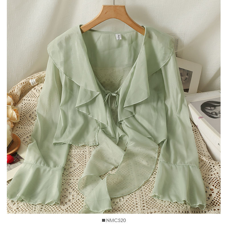 Picture of Sweet Ruffled Lace-up Short Chiffon Shirt for Women in Summer with Suspender Skirt and Shawl Small Outwear Sun Protection Blouse