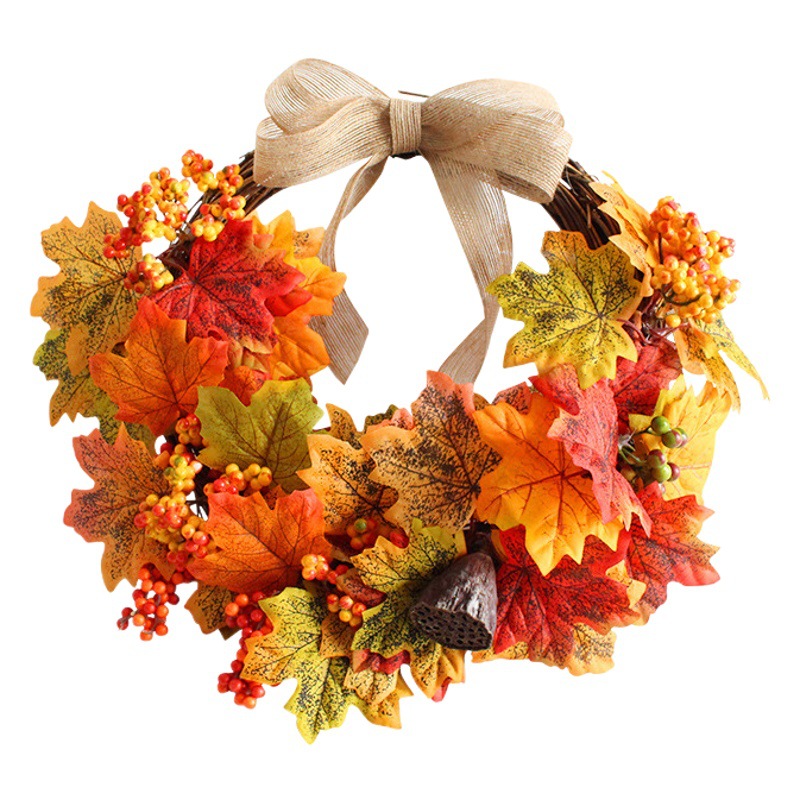 Hong Kong Love Cross-border Simulation Maple Leaf Garlands Door Hanging Autumn Color Rattan Circle Wall Home Decoration Harvest Festival Hanging Ornaments