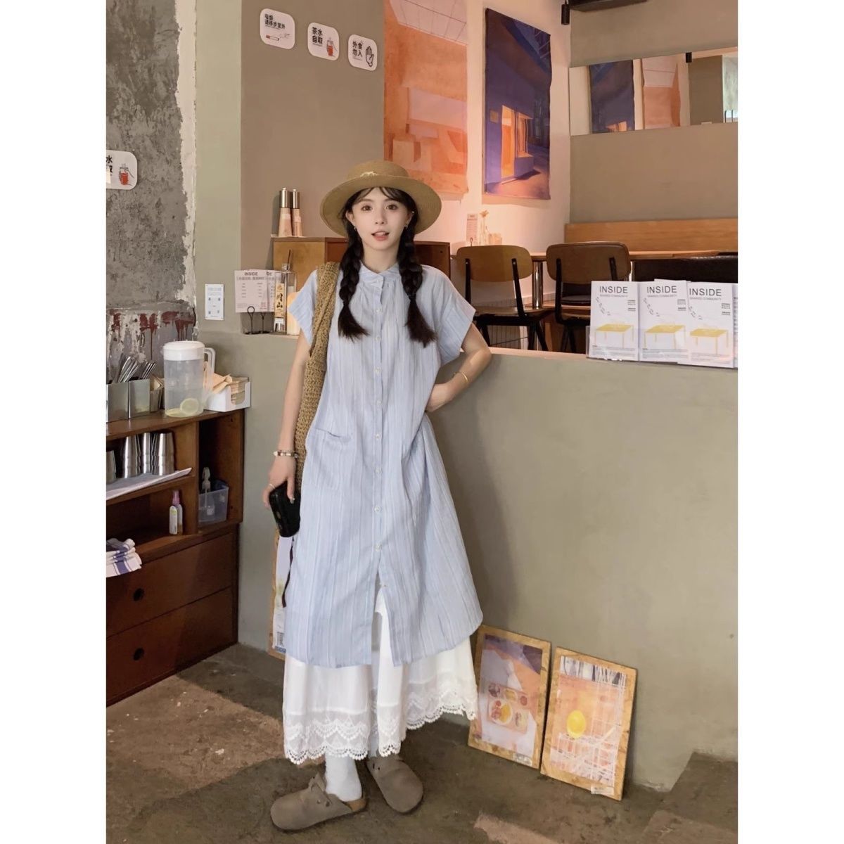 Picture of Blue Stripesd Short-Sleeved Shirt Dress for Women Summer 2025 New Korean Style Loose Mid-Length Stacked Two-Piece Set