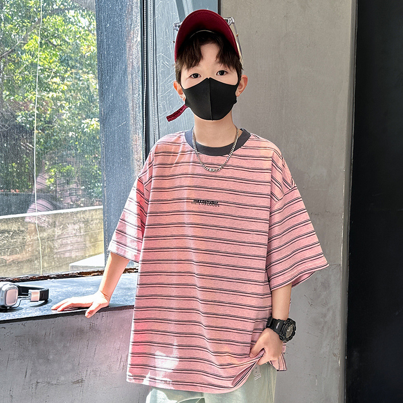 Summer Boys Short-sleeved T-shirt New Children's Wear Kids Boys Striped T Personality Trendy Cool Teenager Half-sleeved Top Cross-border