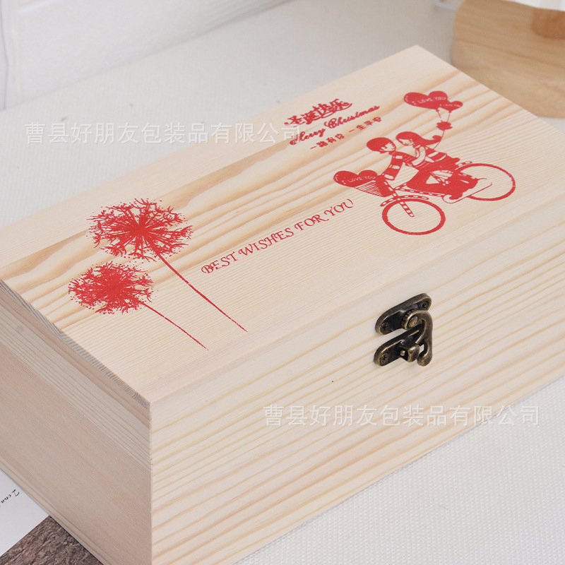 Picture of Ping An fruit wooden box Christmas gift box carving universal pine storage box solid wood box simple flip with lock
