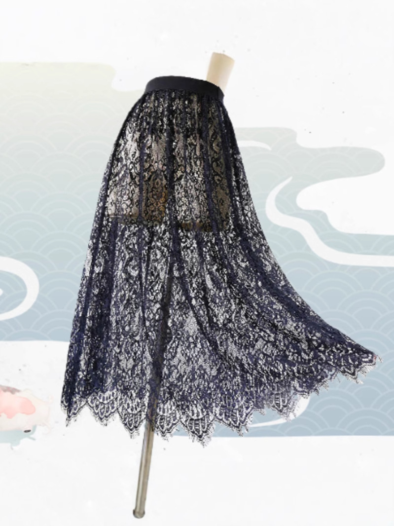 Black and White Four Seasons Single-Layer Lace Skirt New Style Lace Mesh Perspective Skirt Outer Base Skirt Large Size Skirt