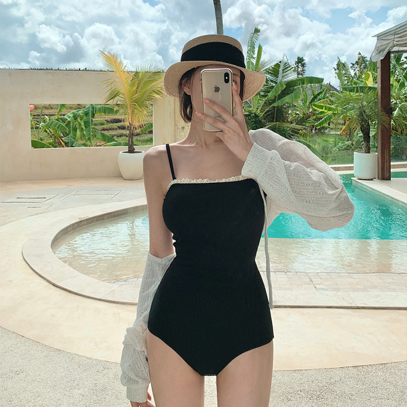 New Black Lace French Retro Simple Triangle Sexy Slim Belly Covering Conservative Hot Spring Swimsuit