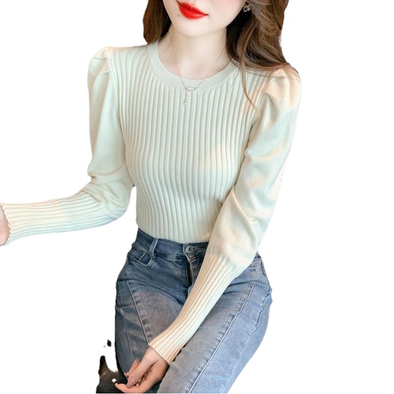 2025 Spring and Autumn New Korean Round Neck Long Sleeve Sweater Women's Puff Sleeve Knitted Shirt Base Shirt Top Trendy