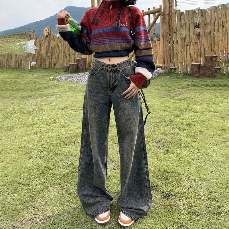 American Style Retro Jeans Women's Spring 2024 New High Waist Slimming Pants with Wide Legs
