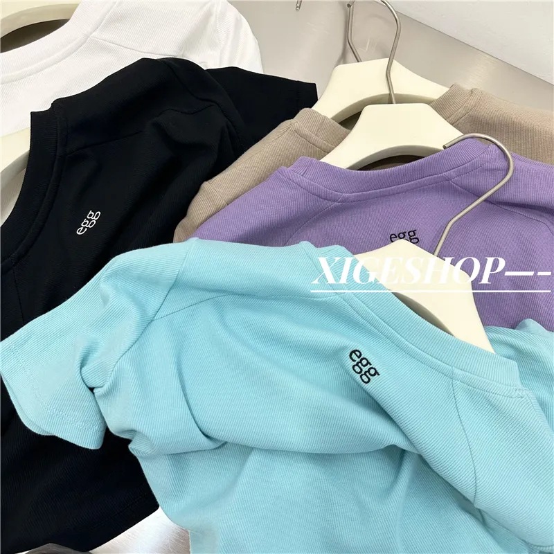 Korean-style Letter Embroidered Shoulder Short-sleeved T-shirt Women's Design Sense Drawstring Tight Waist Slimming All-match Round Neck Base Top