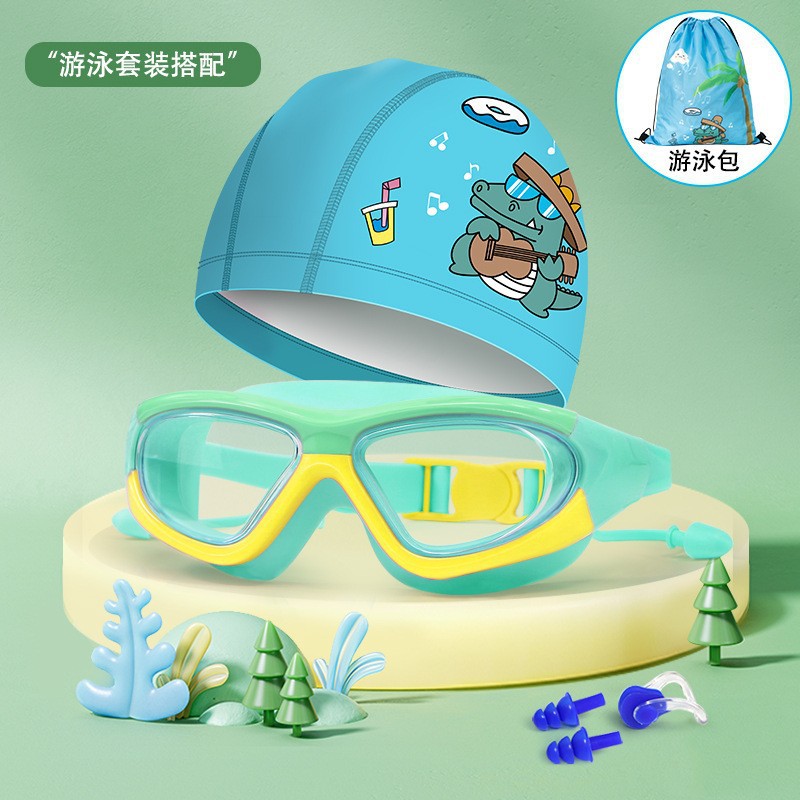 Picture of Children's large frame swimming goggles waterproof anti-fog HD diving goggles boys and girls one-piece earplug swimming goggles wholesale