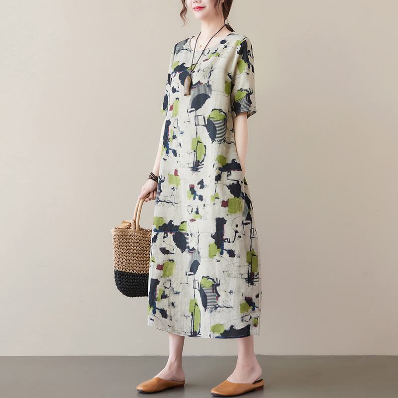Picture of Summer New Fat mm Cotton and Linen Retro Printed Artistic Over-The-Knee Mid-Length Short-Sleeved Dress for Women with Elegant